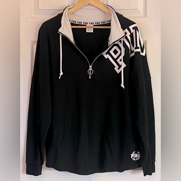 PINK Victoria's Secret Tops - PINK Victoria's Secret Black and White Zip Up Sweater